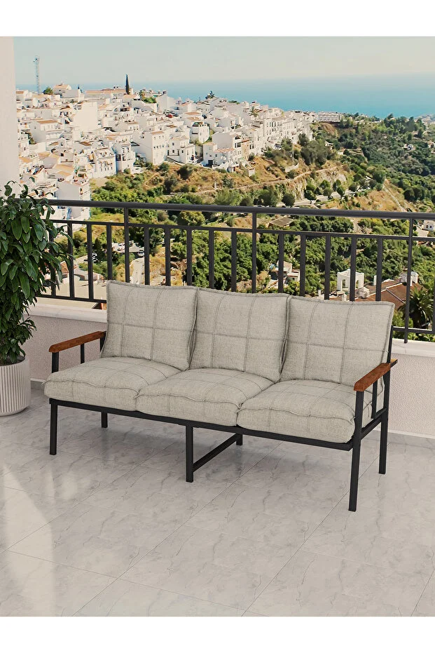 Modern Balkon, Bahçe, Cafe, Metal Koltuk, Kanepe Üçlü - Krem